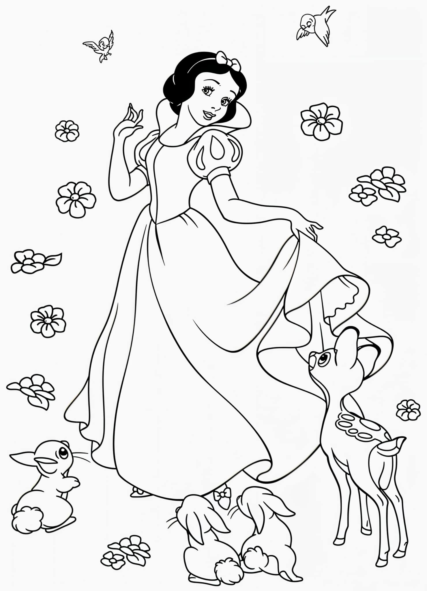 Disegno di Biancaneve con gli animali da colorare e stampare