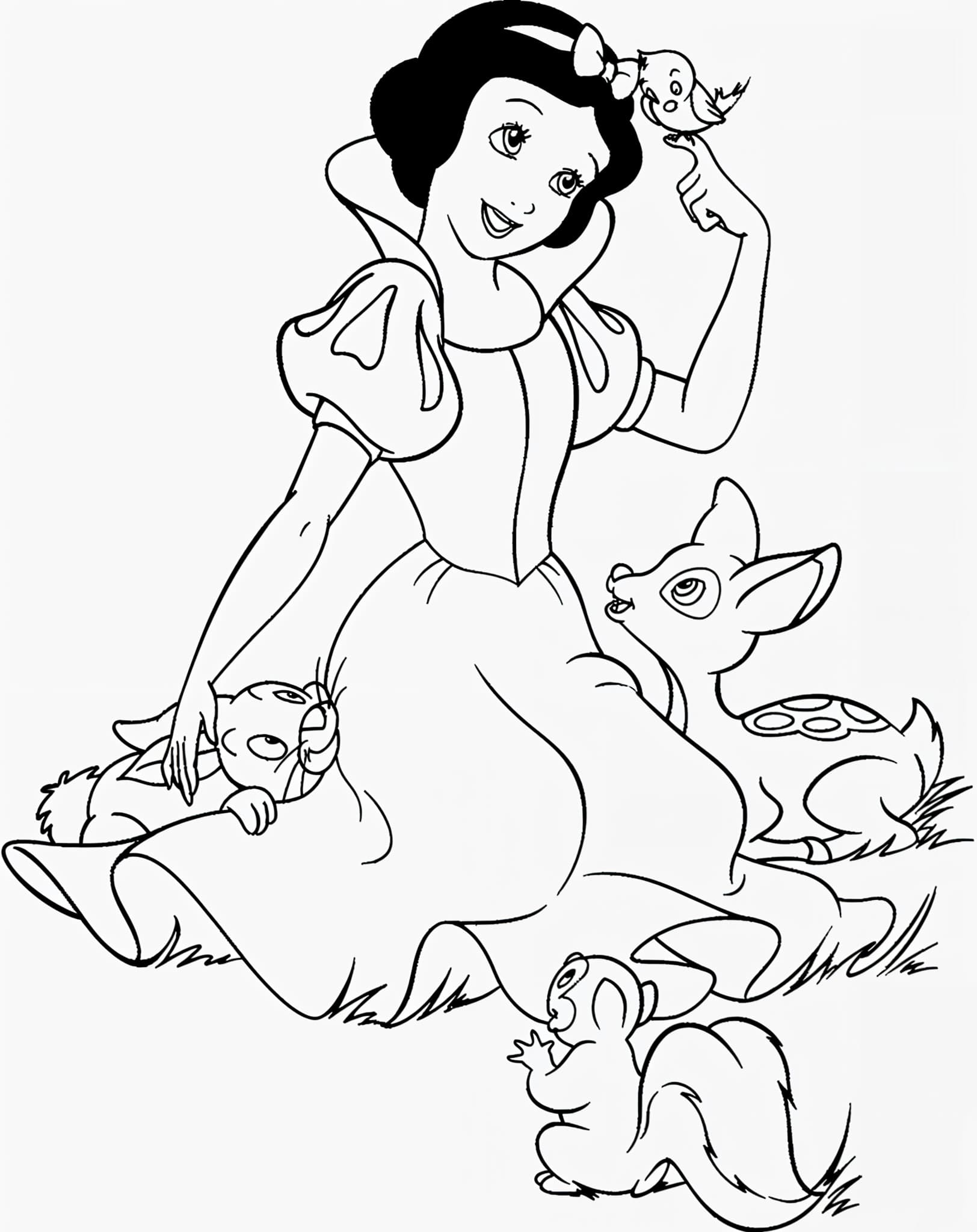 Disegno di Biancaneve con gli animali da colorare