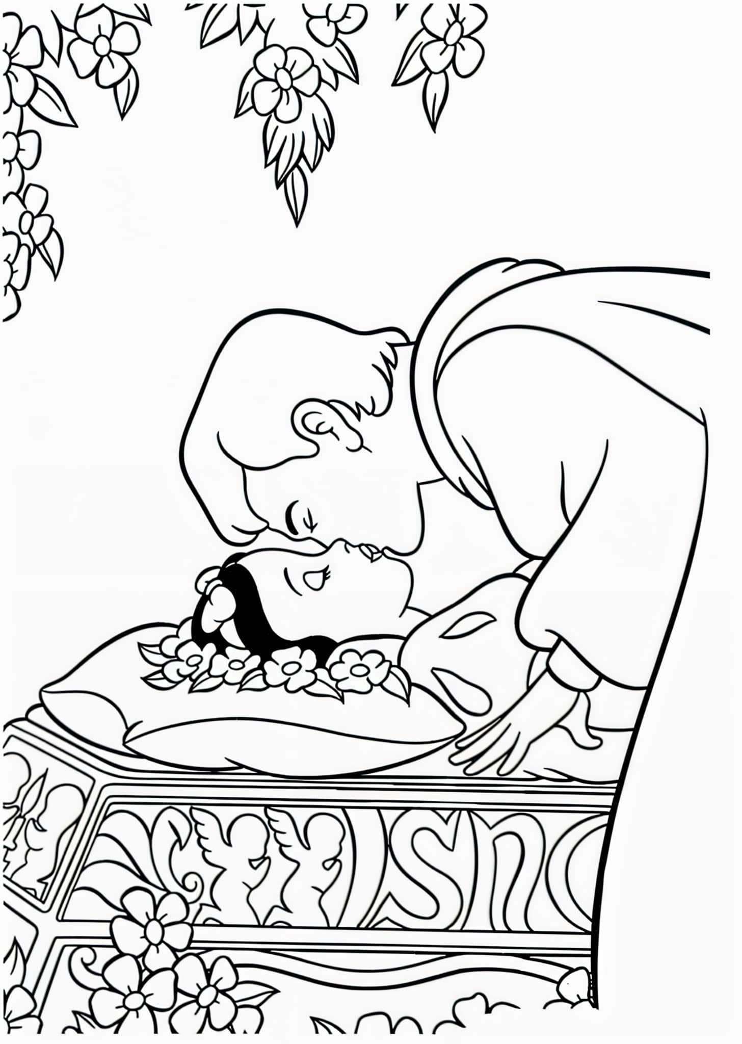 Disegno di Biancaneve e il principe che si baciano da colorare
