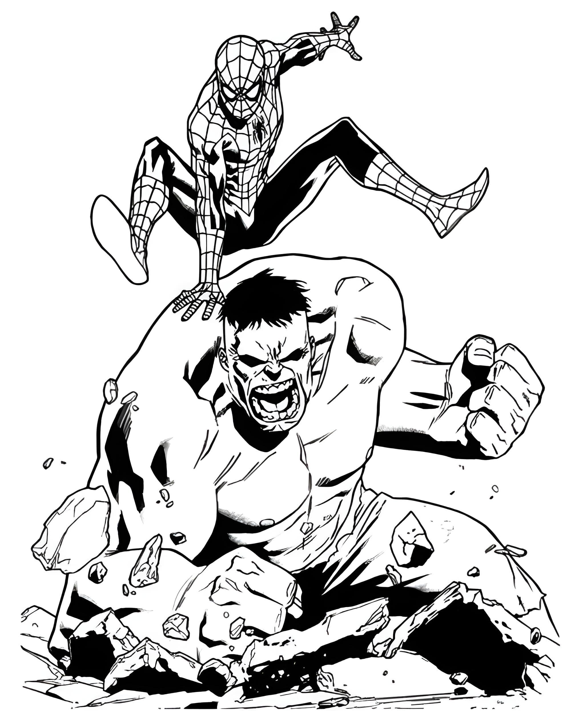 Immagine di hulk e spider man in battaglia da colorare