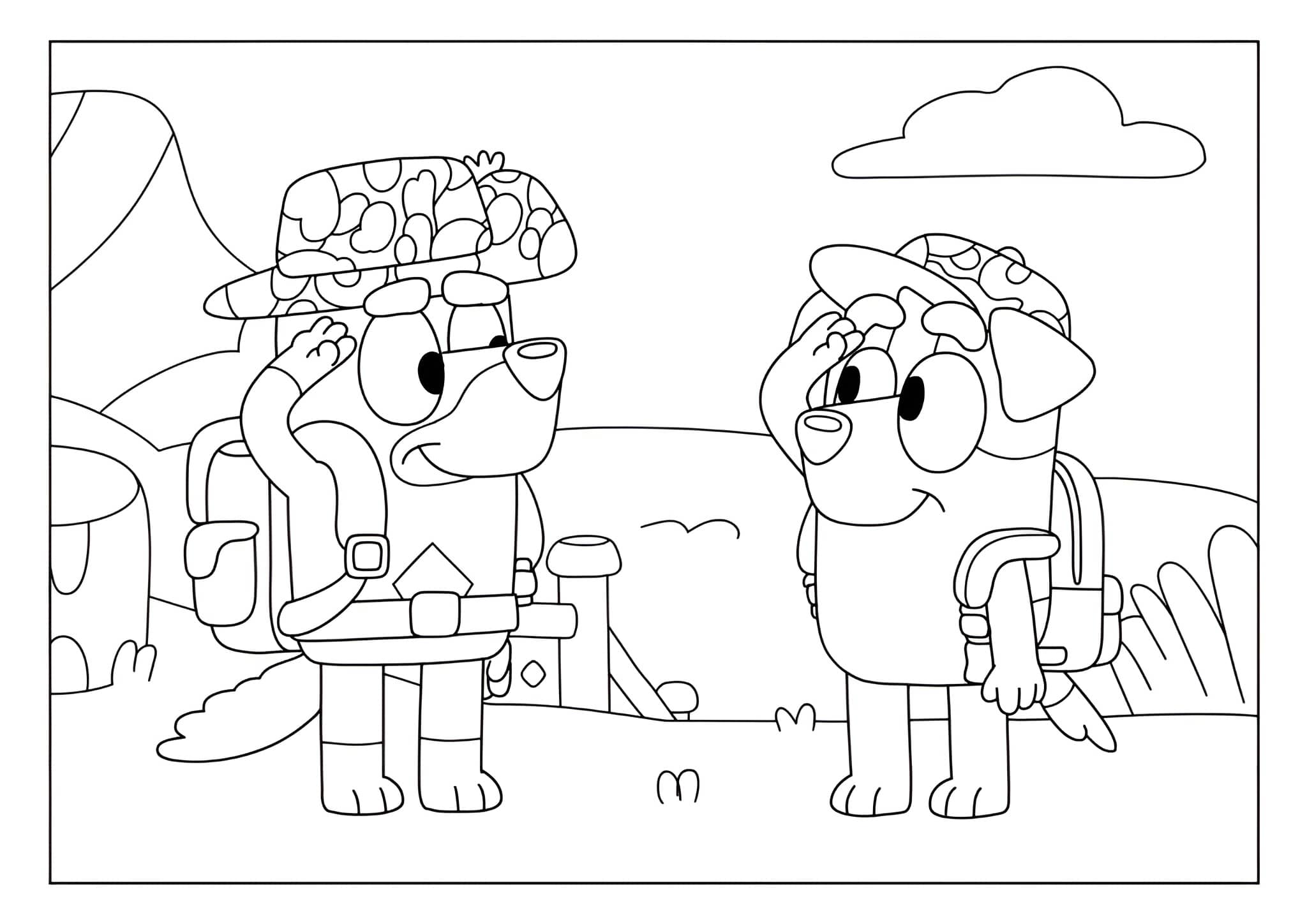 Disegno di bluey che saluta il suo amico da colorare