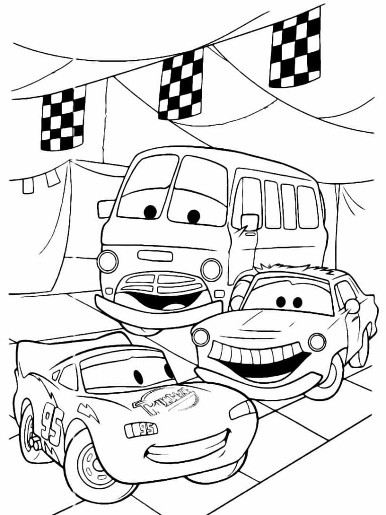 Disegno di saetta mcqueen chick hicks e fillmore da cars da colorare