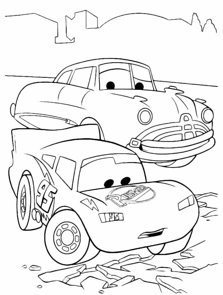 Disegno di saetta mcqueen e doc di cars da colorare e stampare