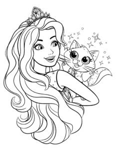 Disegno di barbie principessa con gatto da colorare