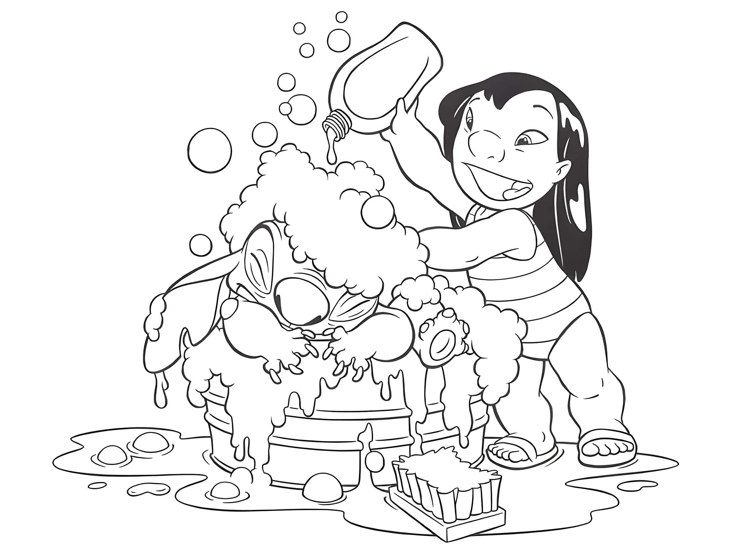 Disegno di lilo che fa il bagno a stitch da colorare