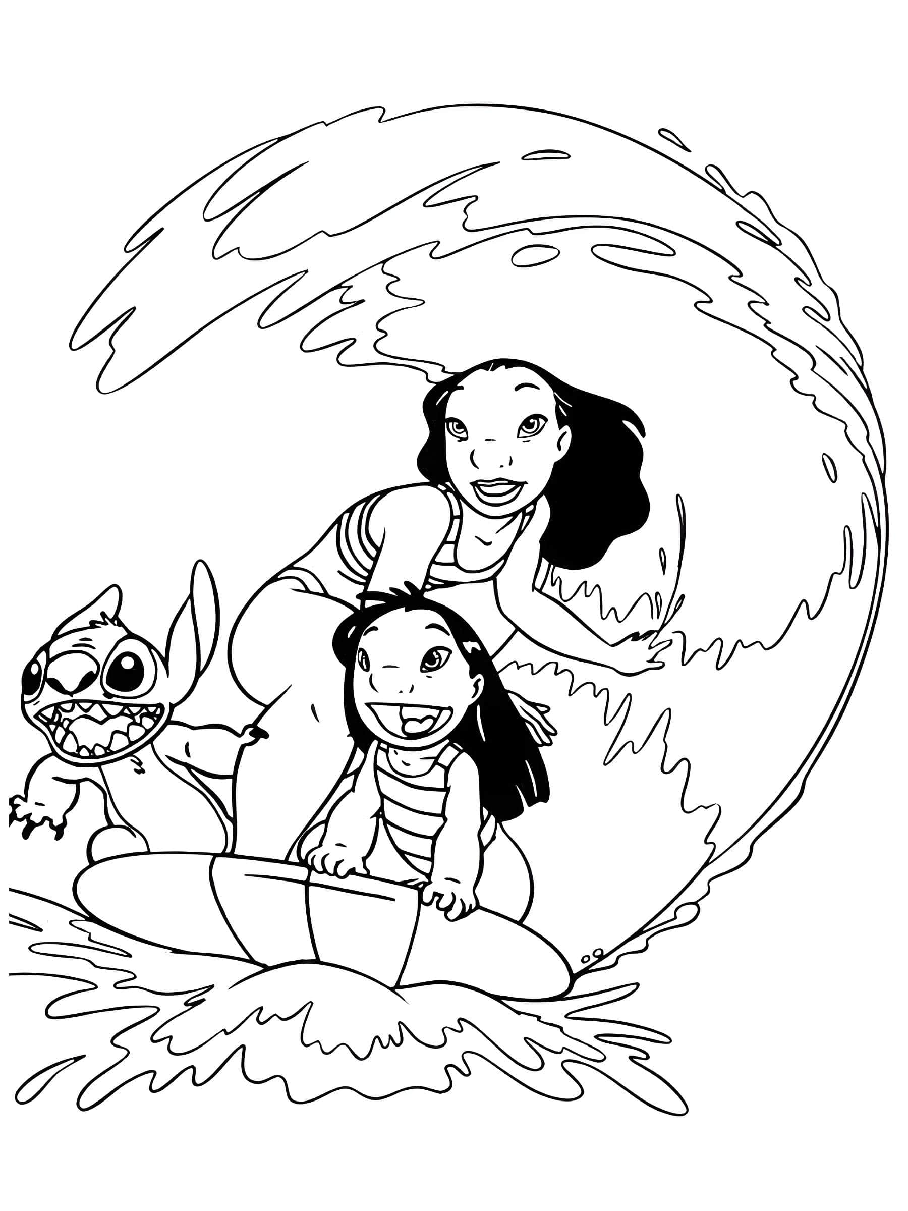 Disegno di lilo e nani surf con stitch da stampare