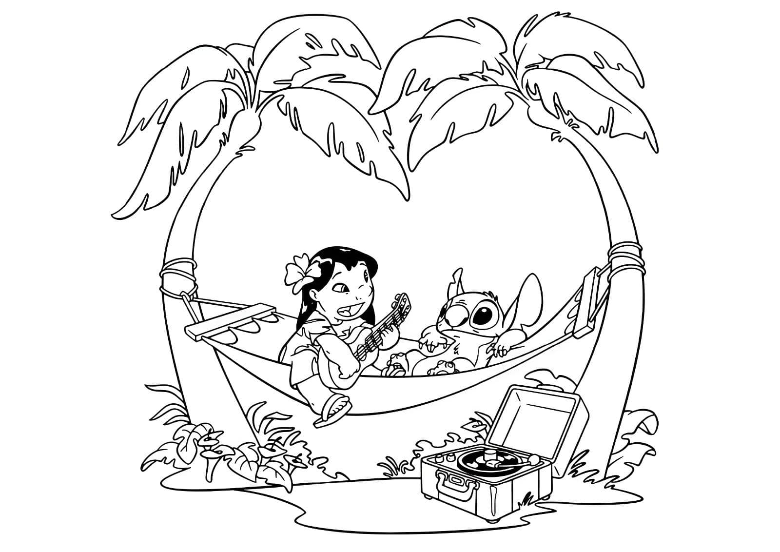 Disegno di lilo e stitch con chitarra da stampare