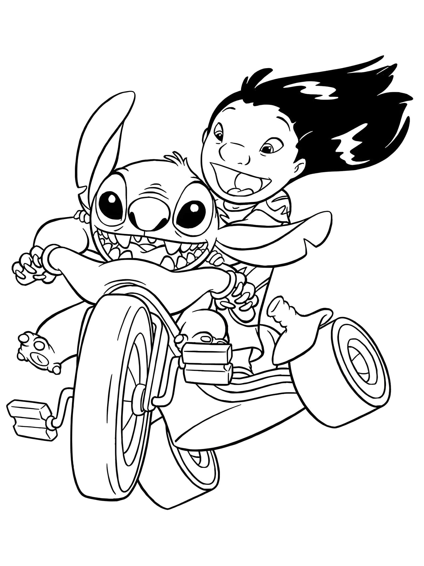 Disegno di lilo e stitch in bicicletta da stampare